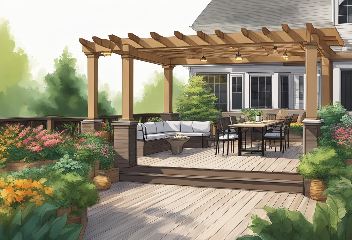 A deck with built-in seating, a fire pit, and a pergola surrounded by lush greenery and potted plants. A grill and outdoor lighting add to the inviting atmosphere