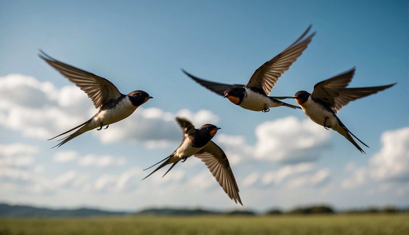 Swallows darting through the sky, weaving in and out of the air with swift and agile movements.

Their flight patterns showcase their mastery of aerial acrobatics