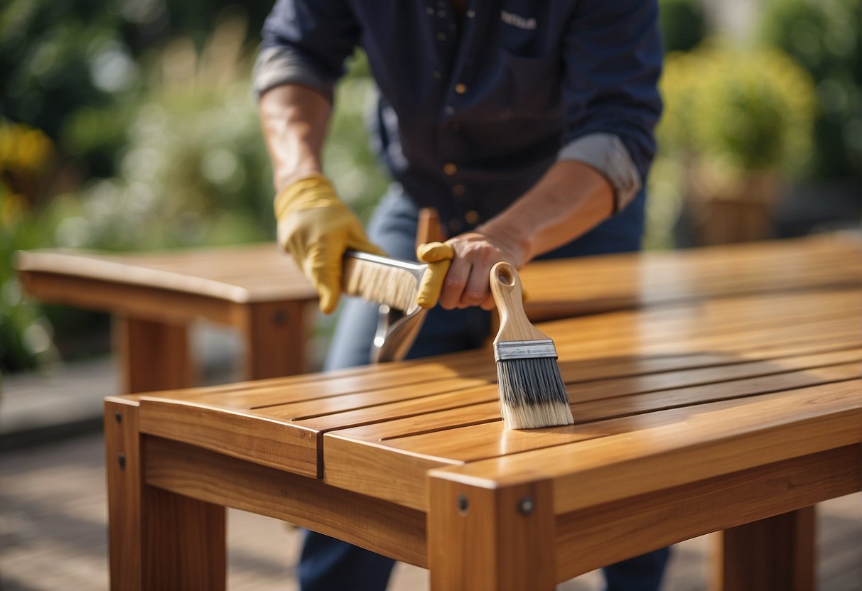 A person applying sealant to teak outdoor furniture with a brush, ensuring even coverage and protection from the elements