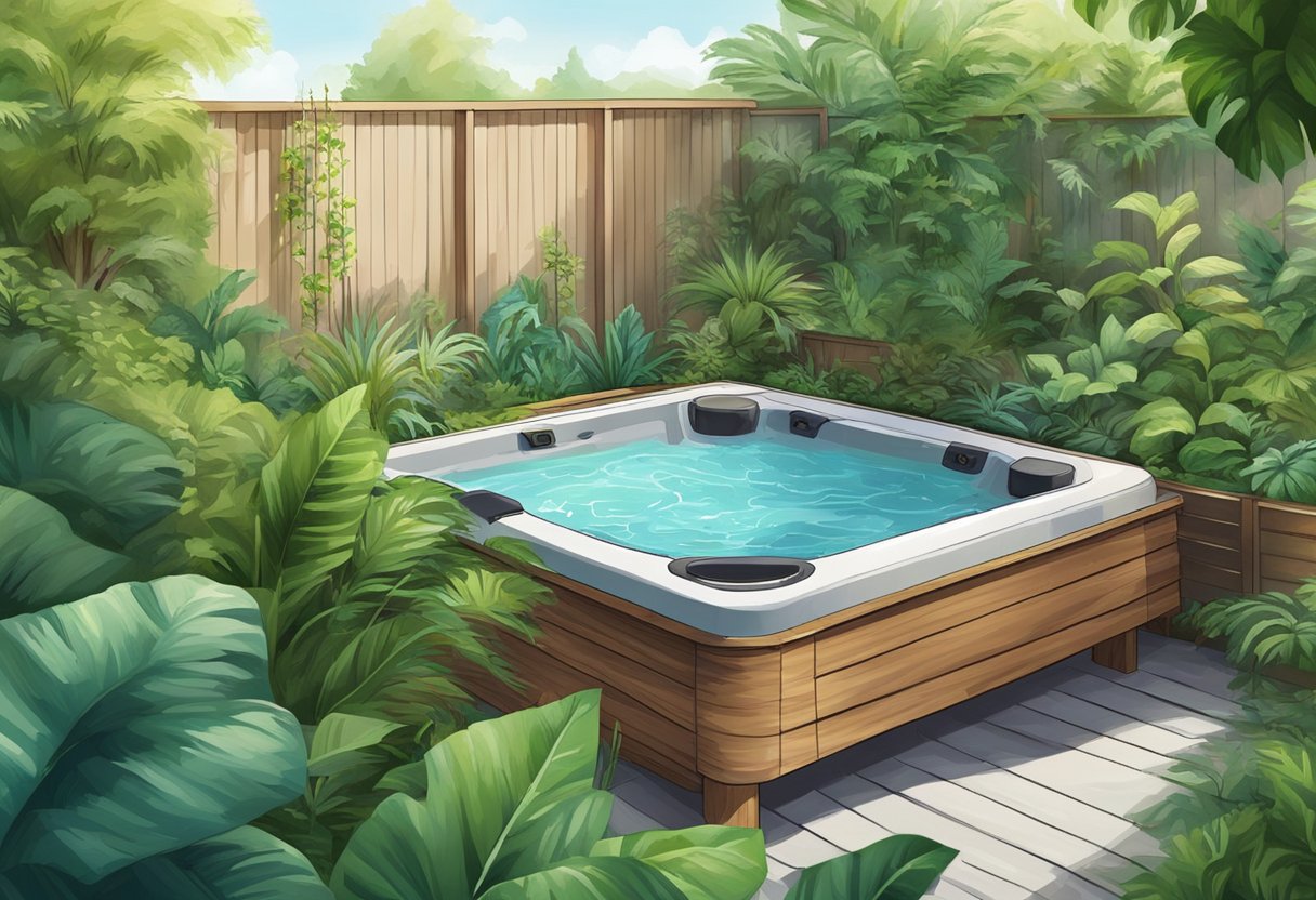 A hot tub surrounded by lush green plants and foliage, creating a serene and natural atmosphere
