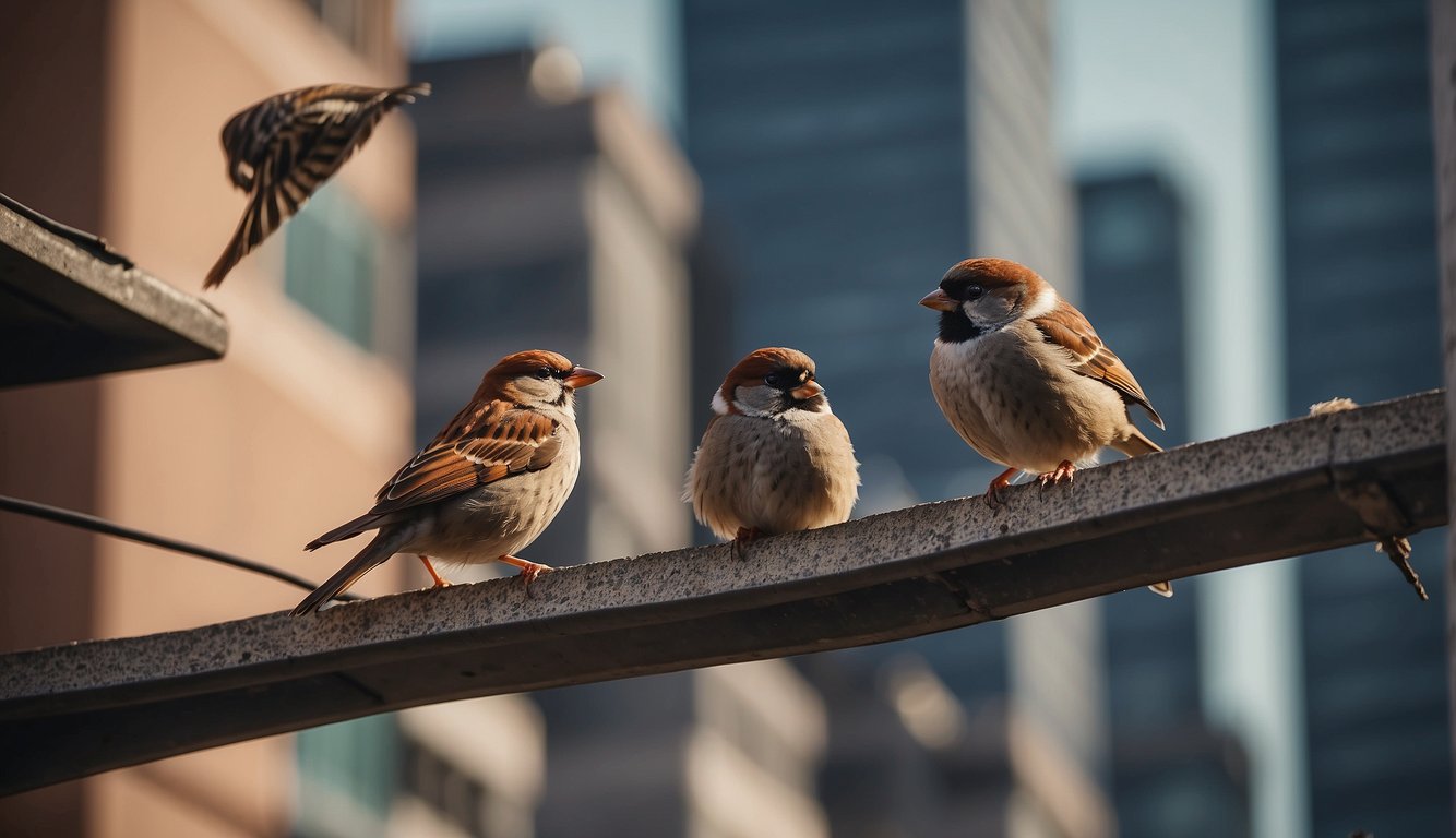 Sparrows perched on city buildings, scavenging for food and nesting materials among urban structures and traffic