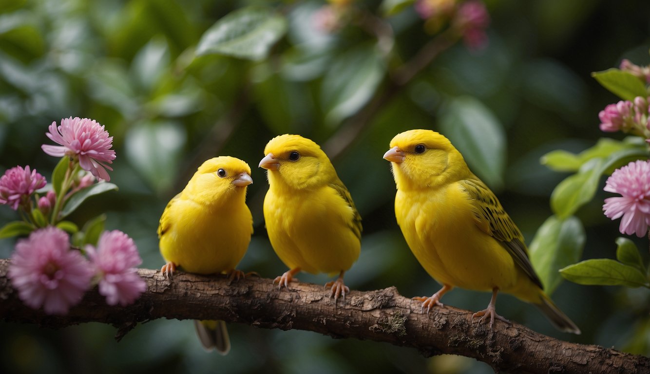 Canaries perched on a branch, singing with vibrant colors and varied poses, surrounded by lush foliage and blooming flowers