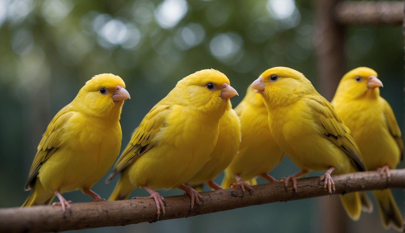 Canaries chirping and flitting about in a spacious aviary, engaging in lively social interactions and communicating through their melodious calls