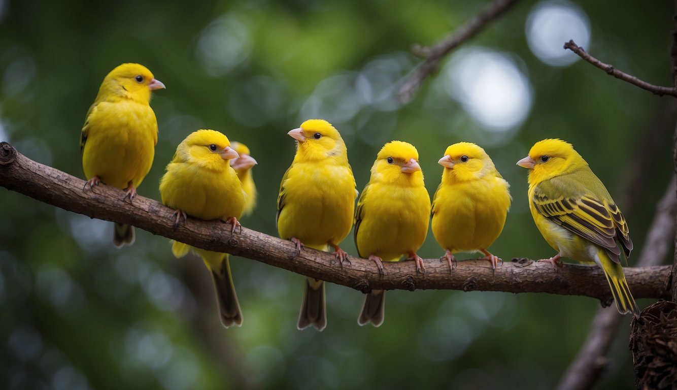 Canaries perched on branches, chirping and trilling.

Some are listening intently while others are practicing their own melodic calls