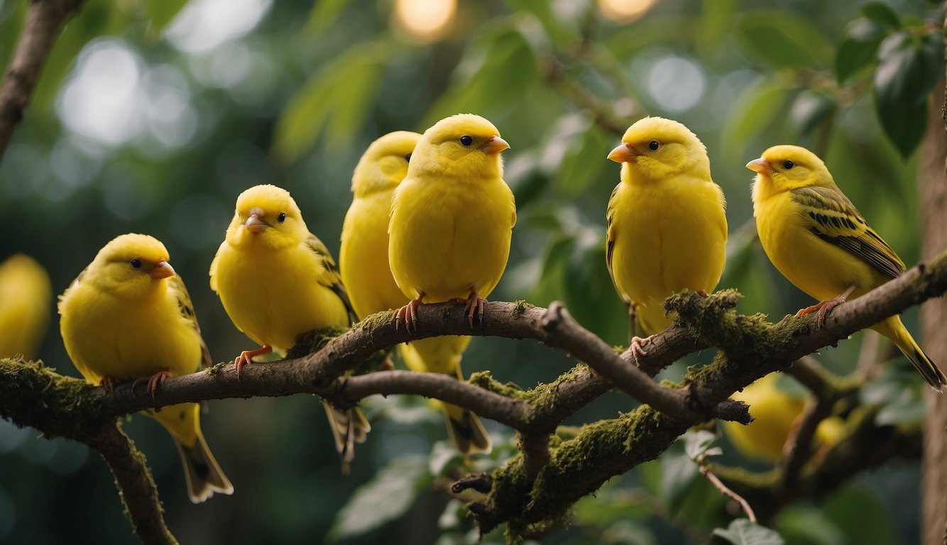 Canaries perched on branches, singing in a lush, green aviary.

Birdcages and musical notes float in the air