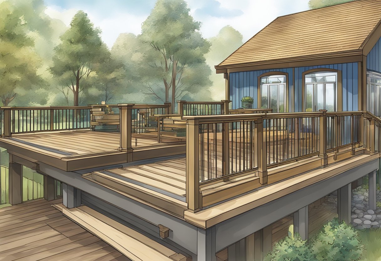 The scene shows various options for decking rails, including metal, wood, and glass, with different designs and colors