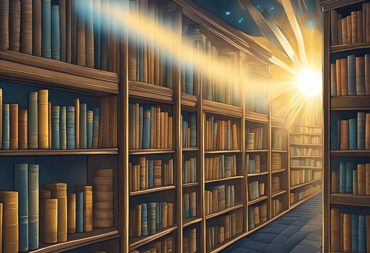 A beam of light breaks through dark clouds, illuminating a path towards a towering bookshelf filled with knowledge