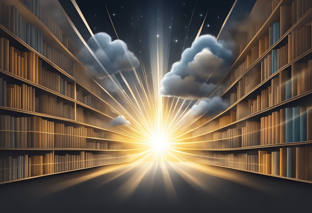 A bright light bursting through a dark cloud, illuminating a path of books and knowledge, symbolizing academic breakthrough