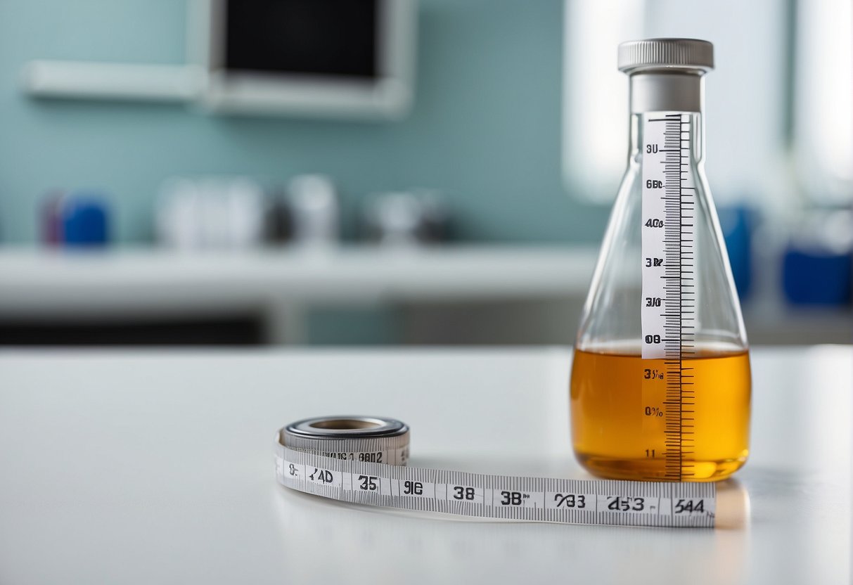 A vial of weight loss injection sits on a clean, white table. A measuring tape and scale are nearby, symbolizing the focus on targeted fat reduction