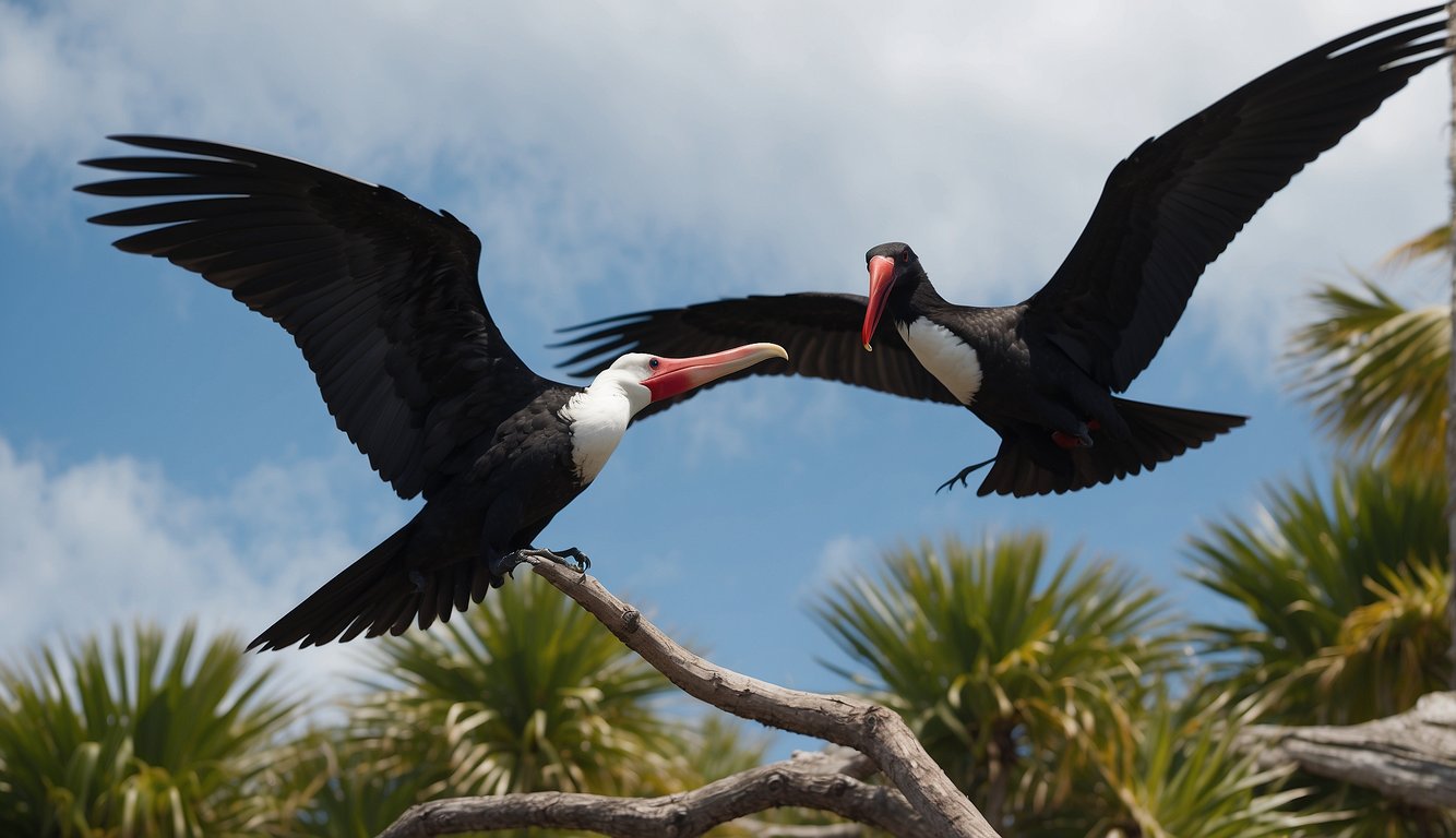 Frigatebirds soar gracefully, their massive wings outstretched against the azure sky.

They effortlessly ride the thermals, gliding for weeks without touching land