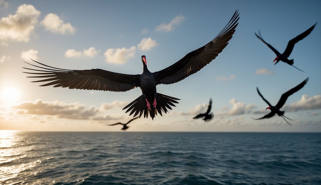 Frigatebirds soar effortlessly above the ocean, their giant wings outstretched as they hunt for food, rest mid-flight, and engage in intricate mating displays