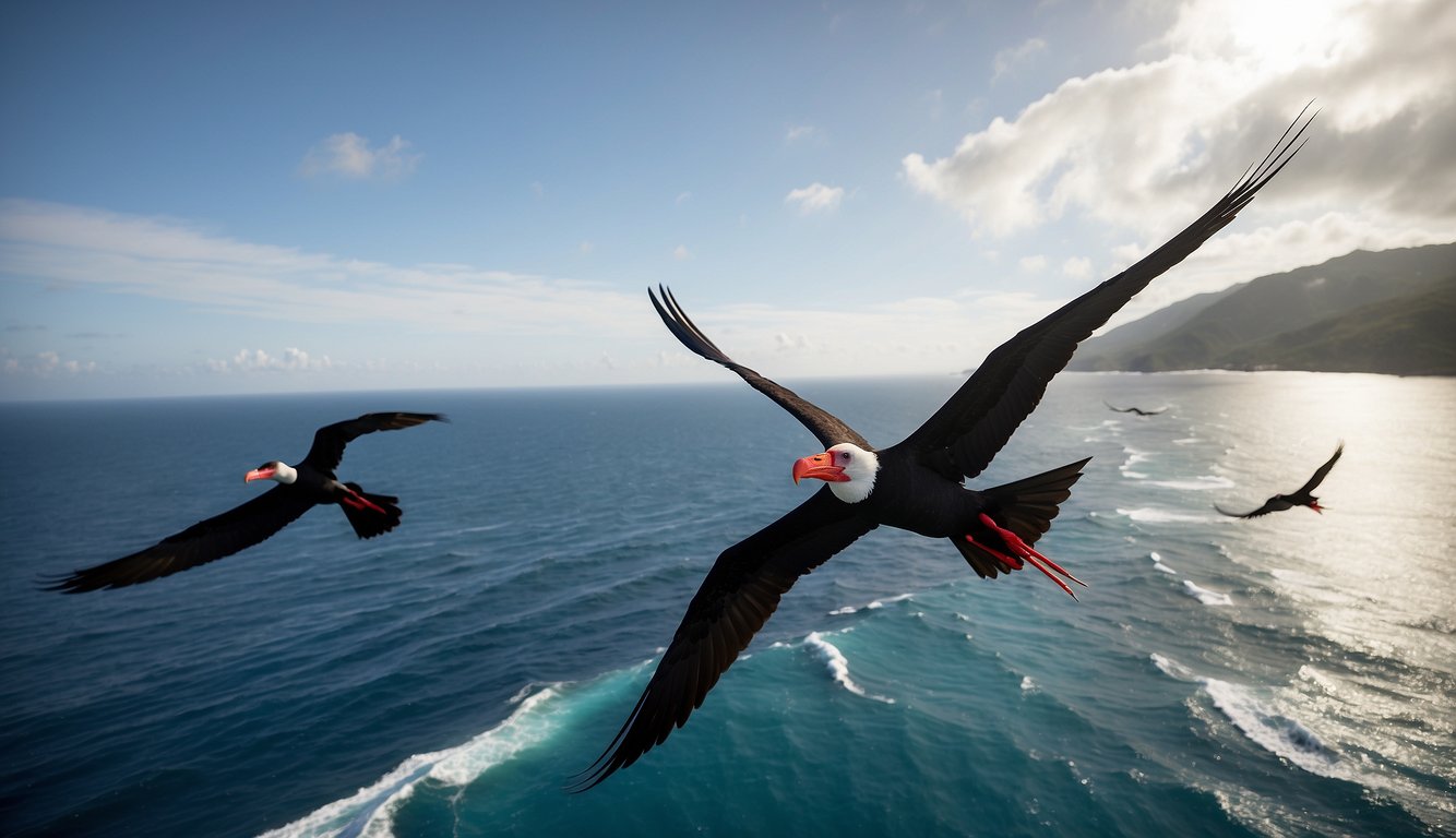 Frigatebirds soar above the ocean, their giant wings outstretched.

They effortlessly glide for weeks, a marvel of aerodynamics and endurance