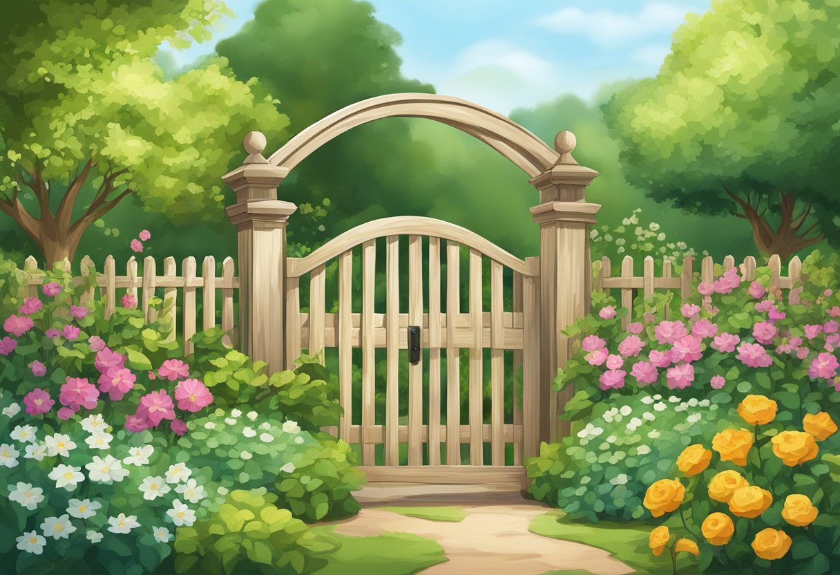 A garden with a sturdy wooden fence, gate, and trellis, surrounded by lush greenery and blooming flowers