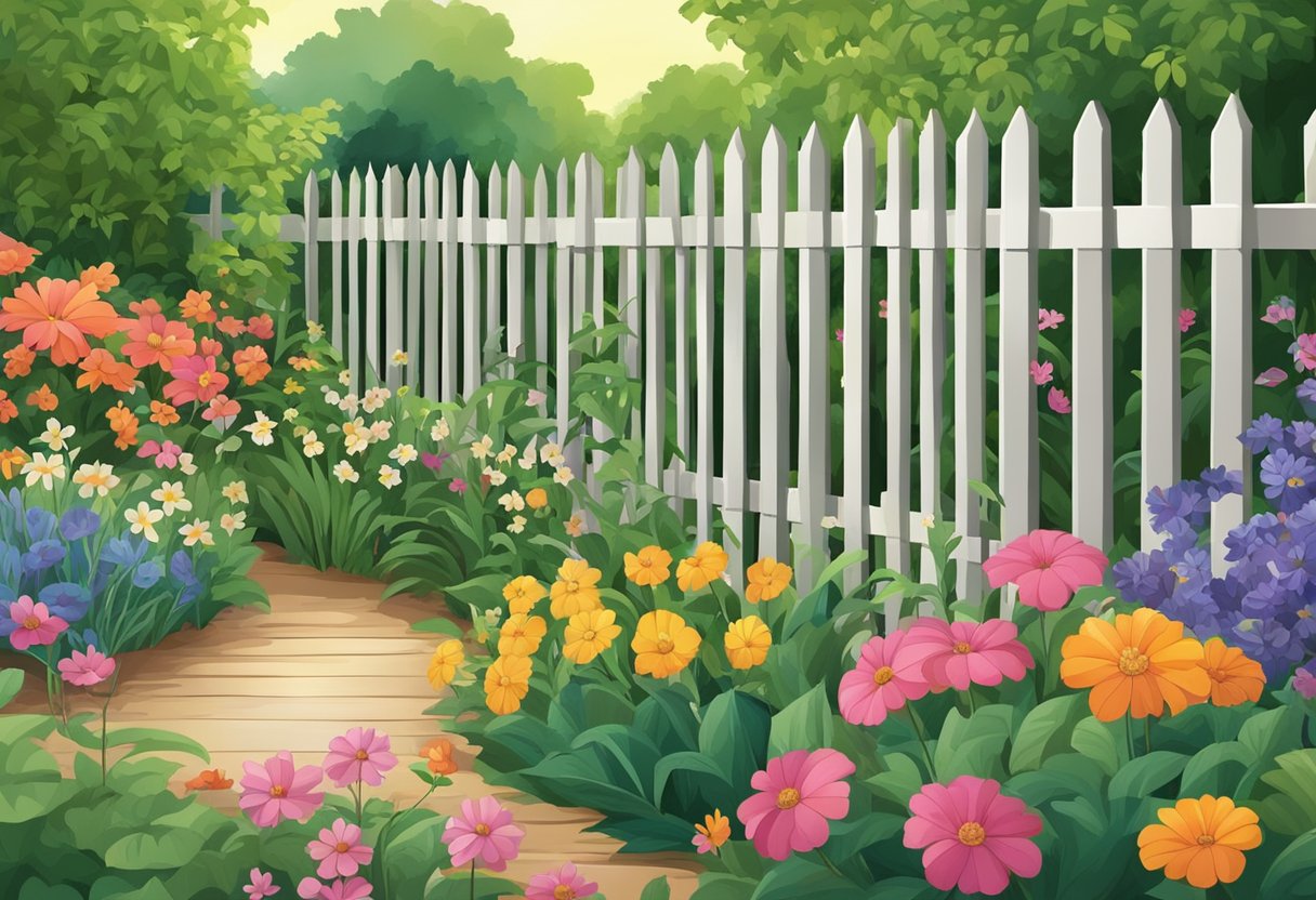 A garden with wooden or metal fencing, surrounded by lush greenery and colorful flowers. The fencing could be traditional picket style, modern horizontal slats, or decorative wrought iron