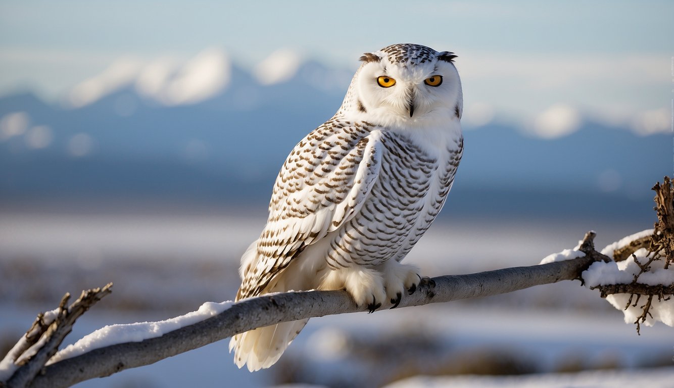 A snowy owl perches on a snow-covered branch, its piercing yellow eyes scanning the Arctic landscape for prey.

The owl's white feathers blend seamlessly with the snowy terrain, camouflaging it from potential predators