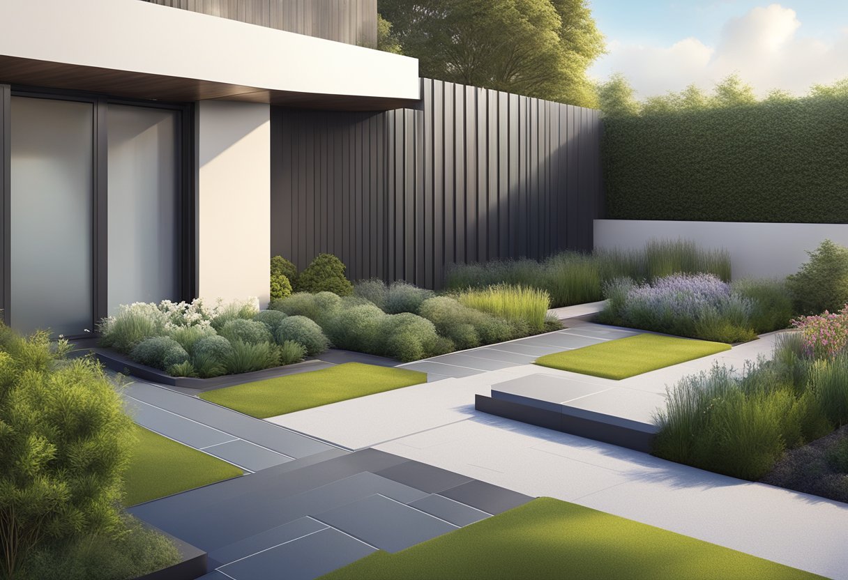 A sleek metal border lines a contemporary garden with geometric plantings and smooth paving