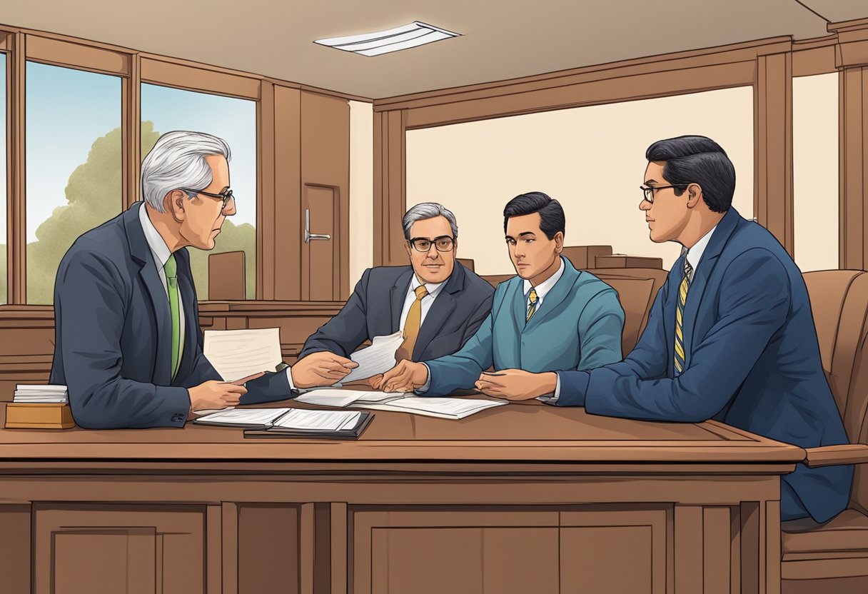 A courtroom scene with a judge, lawyer, and defendant discussing a late transfer of driver's license points