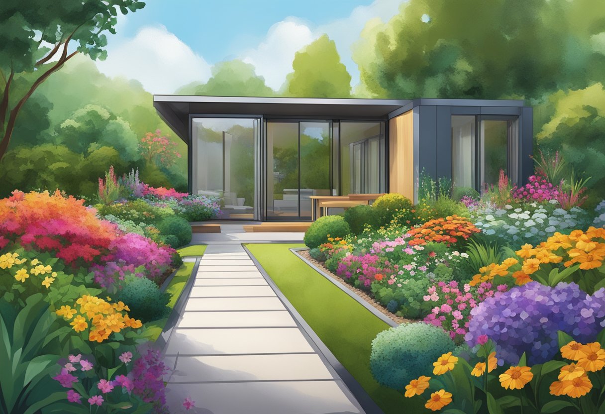 A modern garden with sleek metal edging, surrounded by vibrant greenery and colorful flowers