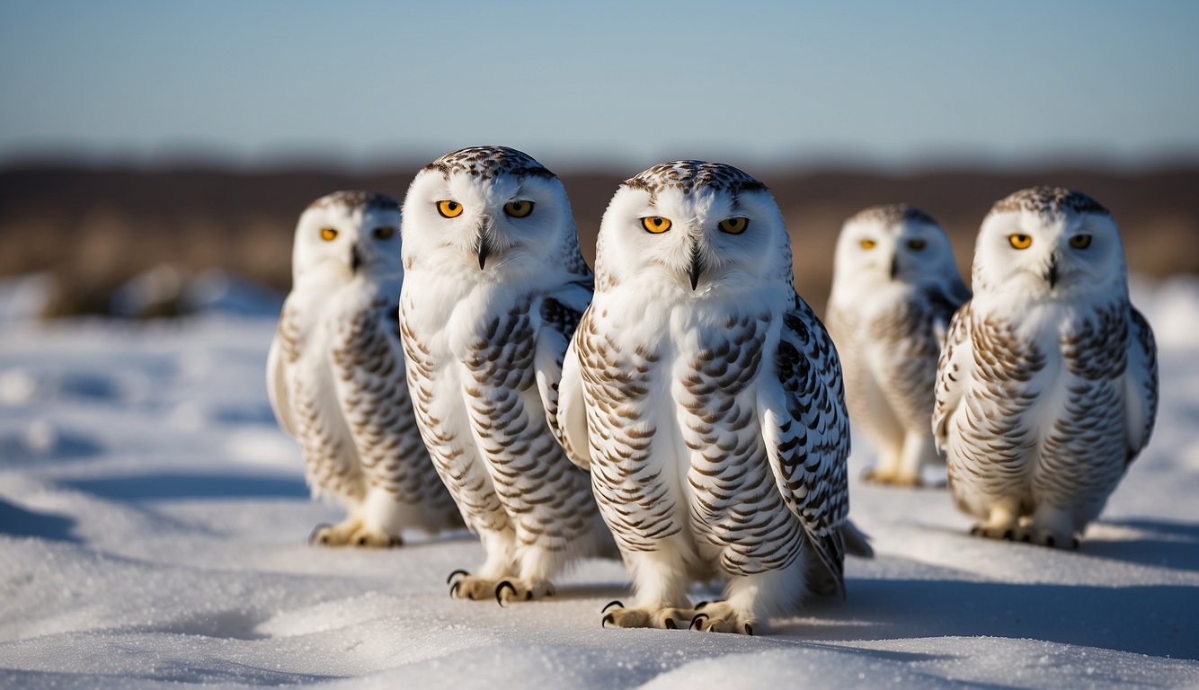 Snowy owls soar over a snow-covered landscape, their keen eyes scanning for prey.

A harsh wind whips through the air as the owls hunt and survive in the unforgiving Arctic climate