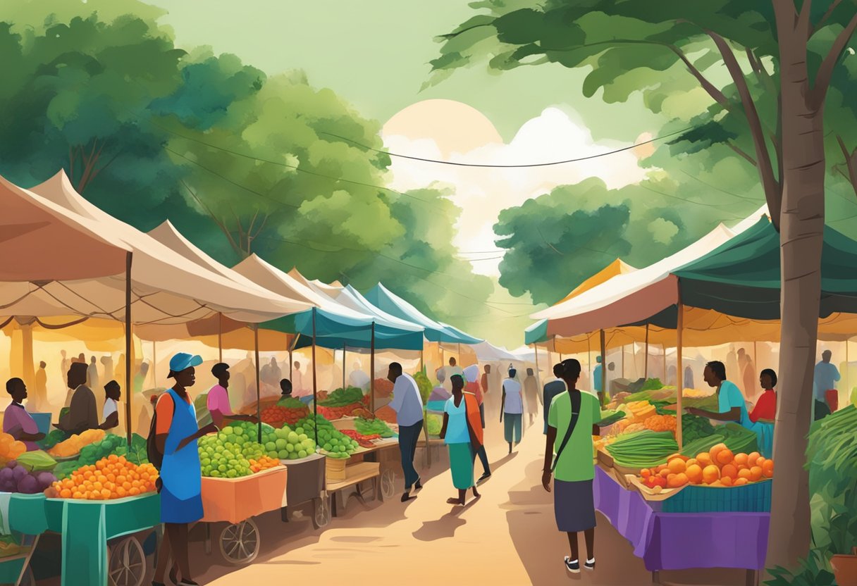 A vibrant market in Kenya with colorful stalls selling local produce and crafts, surrounded by lush greenery and bustling with activity