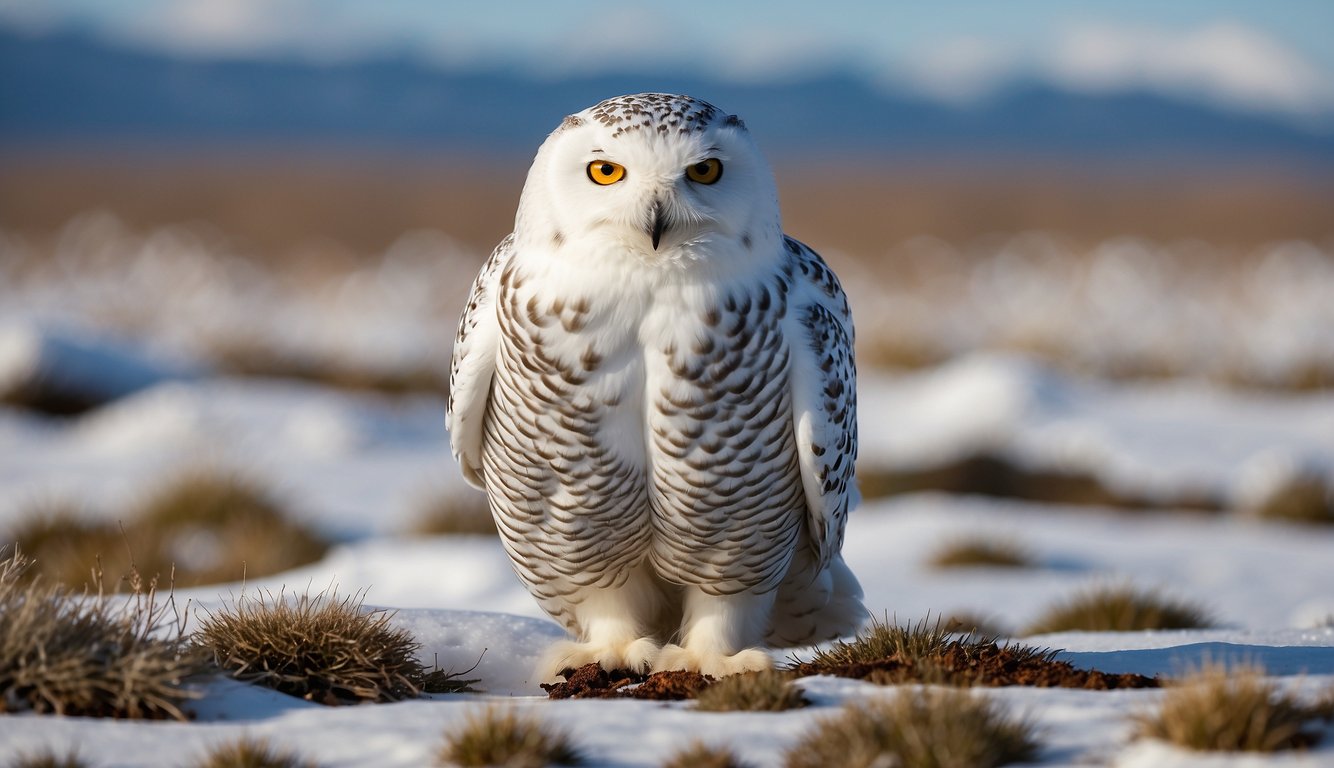 Snowy owl hunts in Arctic tundra, blending into snowy landscape.

It scans for prey, then swoops down with sharp talons