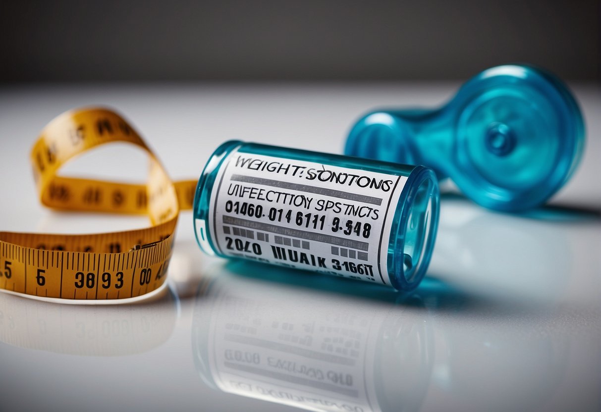 A vial labeled "Weight Loss Injections" sits on a clean, white surface, surrounded by a measuring tape and a pair of running shoes