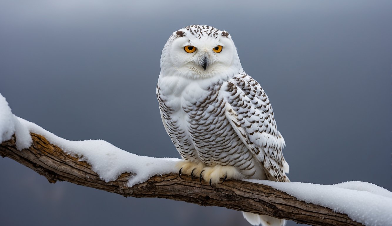 A snowy owl perched on a snow-covered branch, scanning the Arctic landscape for prey.

The owl's piercing yellow eyes and white feathers stand out against the icy backdrop