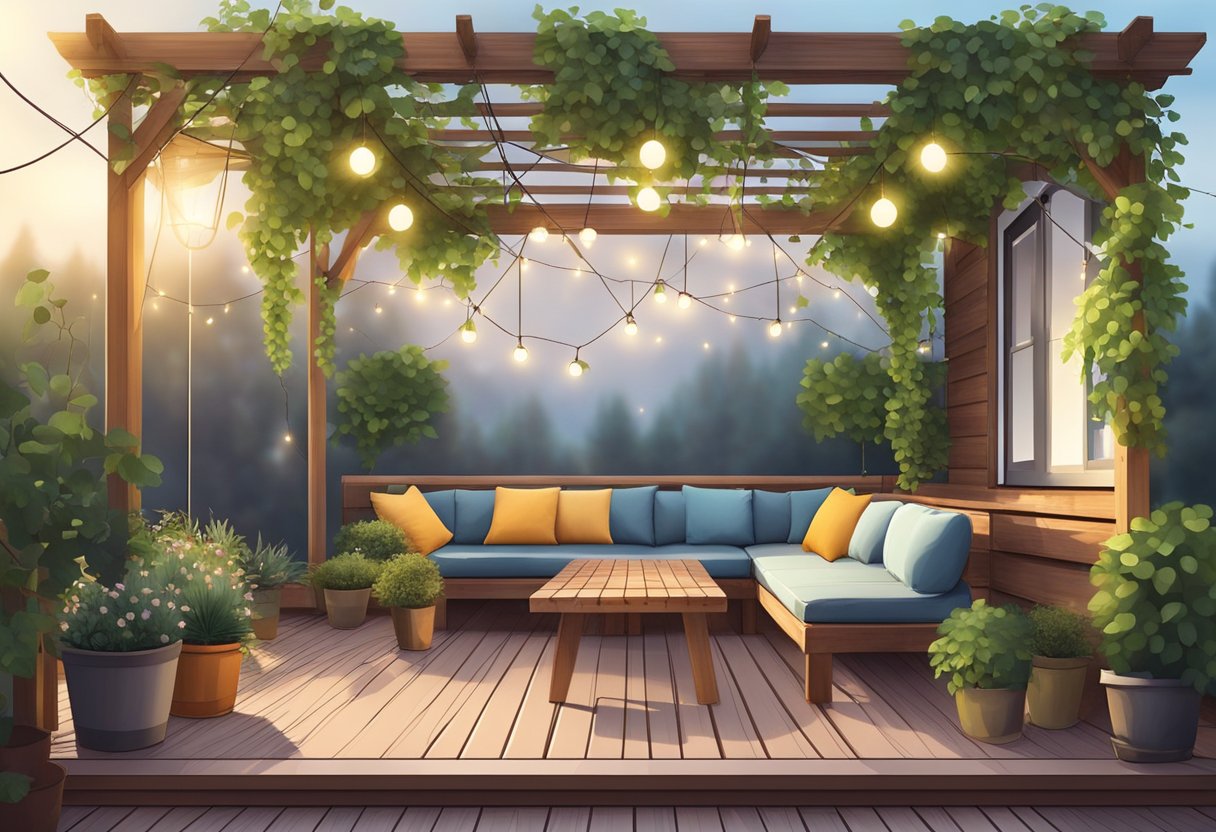 A wooden deck with a pergola covered in climbing vines and hanging string lights, surrounded by potted plants and comfortable outdoor furniture