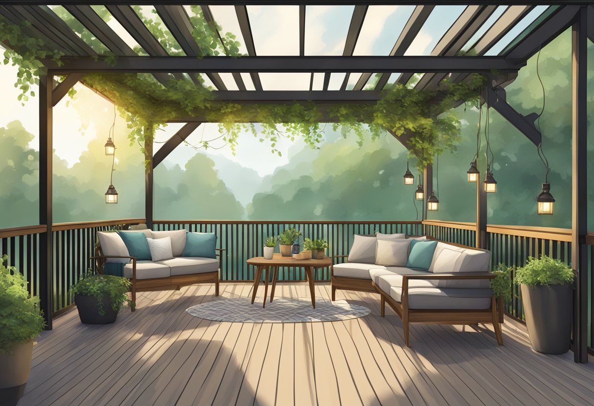 A spacious, well-lit deck with comfortable seating and a pergola overhead, surrounded by lush greenery and decorative lighting