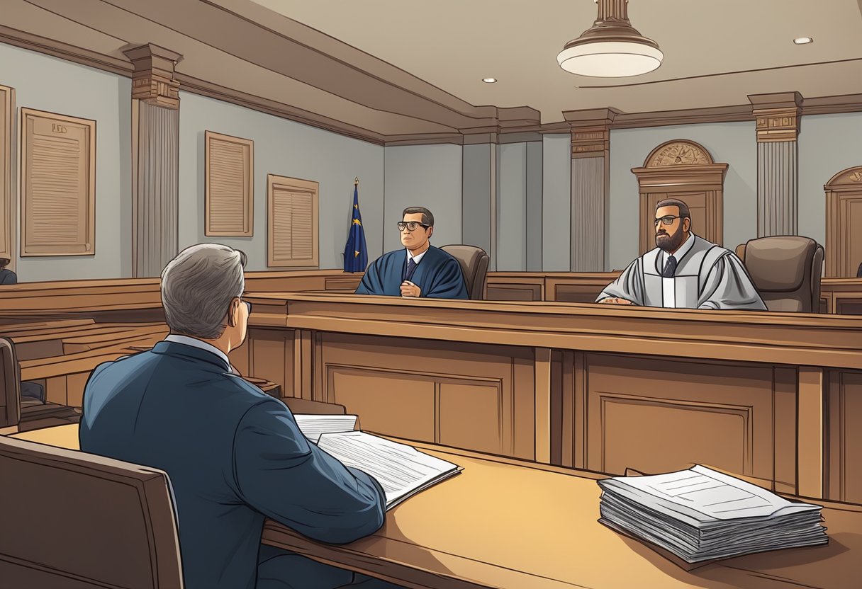 A courtroom scene with a judge and a defendant, representing the last opportunity to transfer points from a driver's license outside of the deadline
