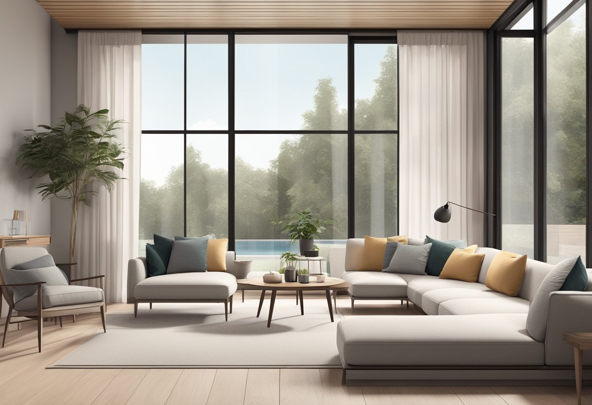 A sleek, minimalist summer house with large windows, a spacious outdoor deck, and a stylish, open-concept interior with modern furniture and neutral color scheme