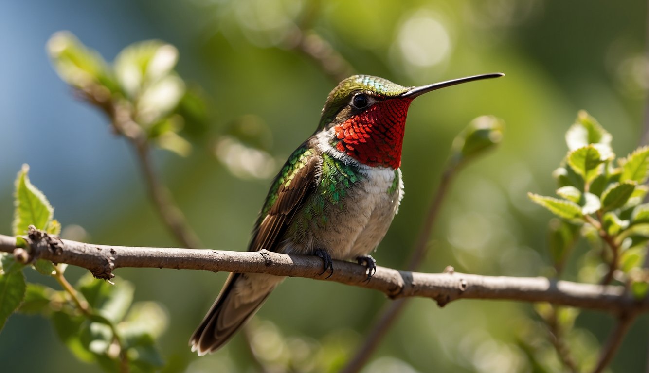 An Anna's Hummingbird perched on a branch, its iridescent feathers shifting from bright green to fiery red in the sunlight