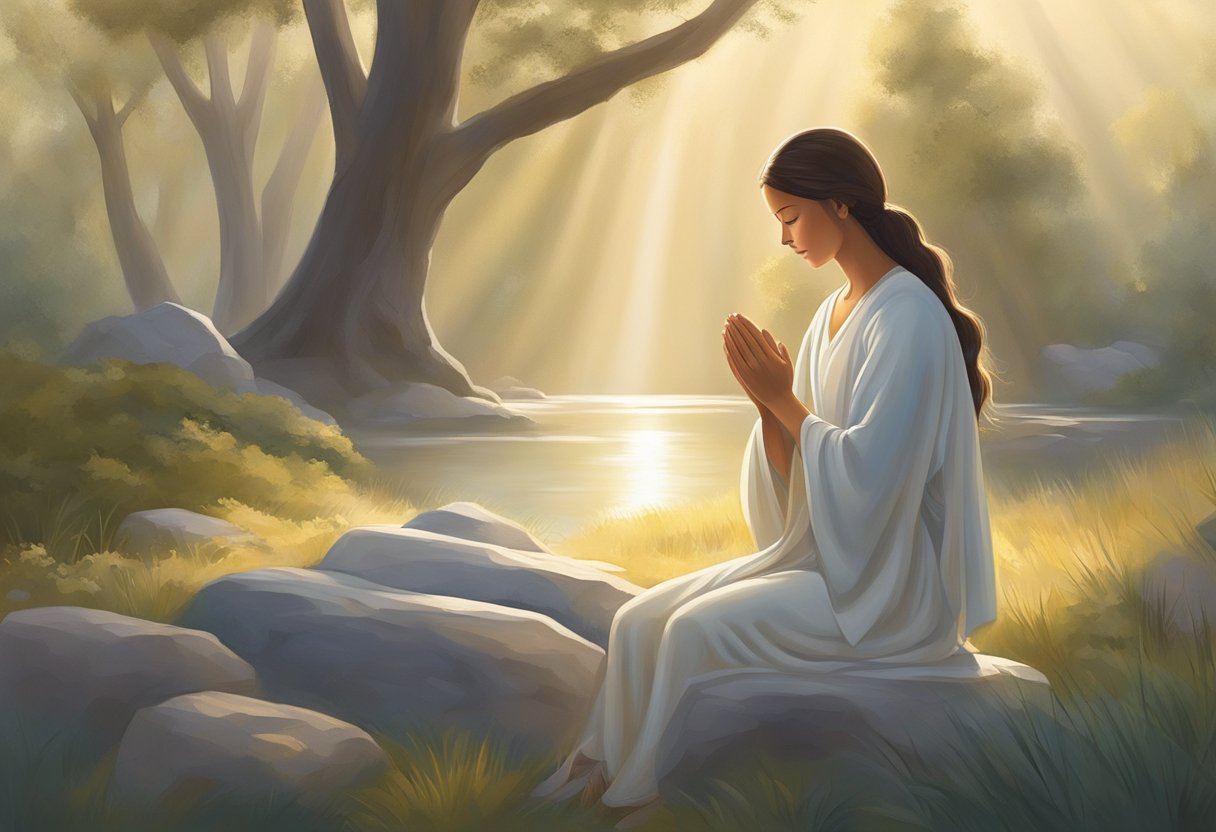 A serene figure kneels in prayer, surrounded by a soft glow of light. A sense of peace and trust is evident as the figure seeks divine provision in times of need