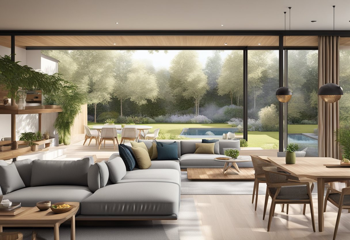A modern summer house with open floor plan, large windows, and outdoor living space. Contemporary furniture and natural materials create a seamless indoor-outdoor flow