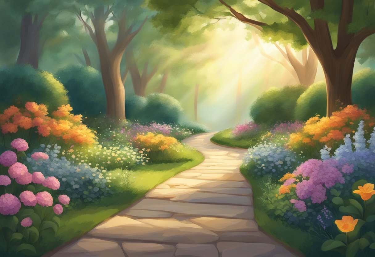 A serene garden with a path leading to a glowing, ethereal light symbolizing divine provision. Trees and flowers surround the path, creating a peaceful and hopeful atmosphere
