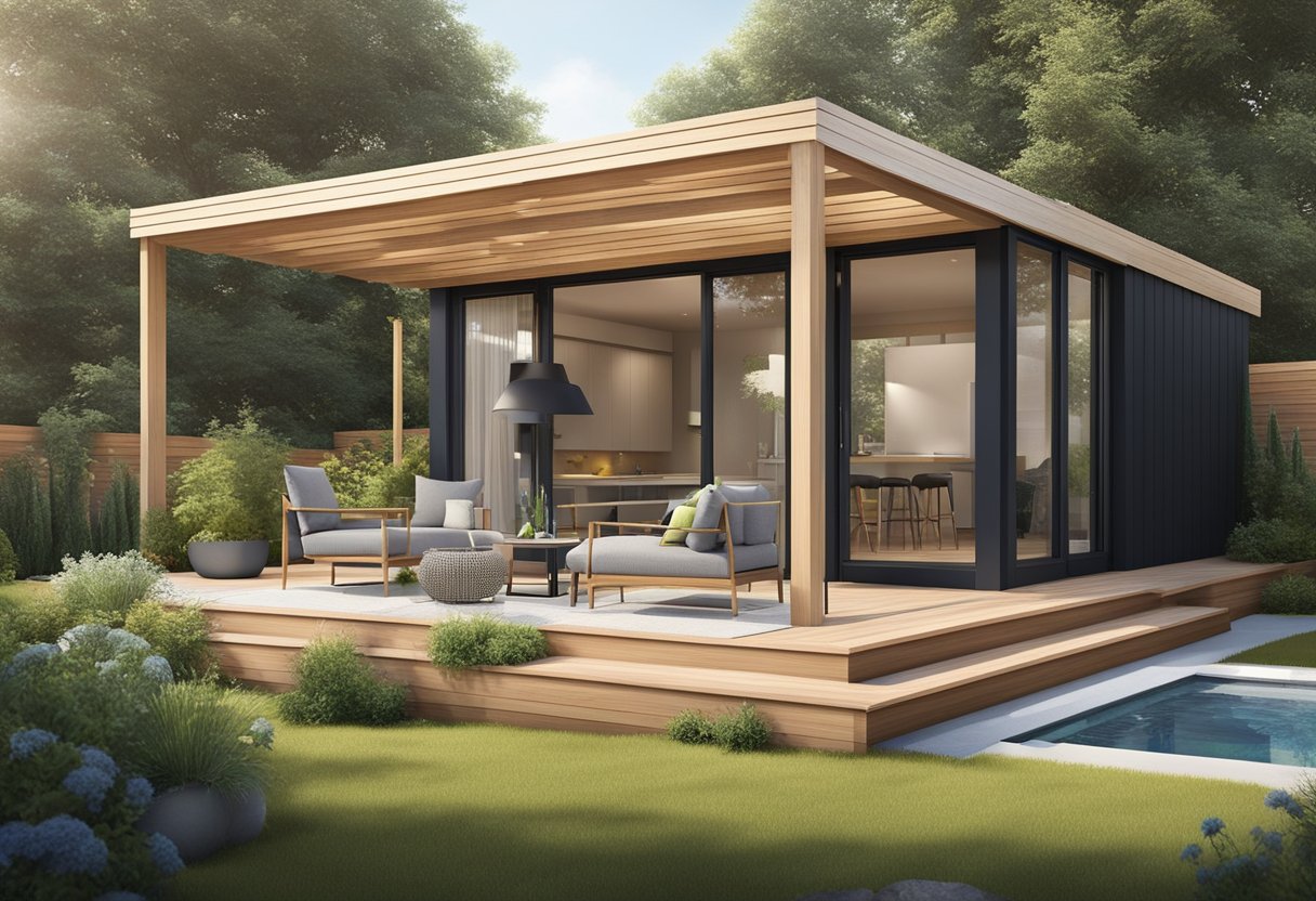 A modern summer house with sleek design, large windows, and a spacious outdoor deck surrounded by lush landscaping. A renovation crew works on adding a stylish pergola and updating the exterior with new siding and fresh paint