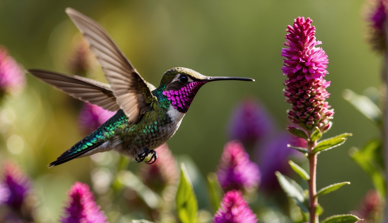 A close-up of an Anna's Hummingbird displaying iridescent feathers changing color in the sunlight.

The bird hovers near a flower, its feathers sparkling with vibrant hues