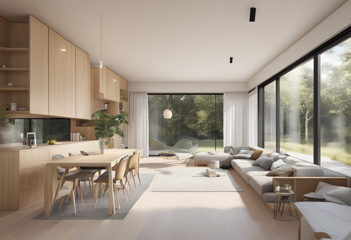 The modern summer house features sleek, multifunctional furniture and built-in storage solutions. Large windows flood the space with natural light, and a minimalist color palette creates a sense of openness