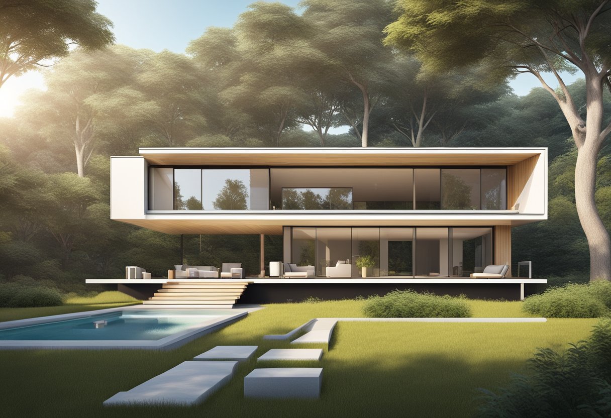 A sleek, minimalist summer house with large windows, a spacious outdoor deck, and a sleek, contemporary design. The house is surrounded by lush greenery and features modern landscaping