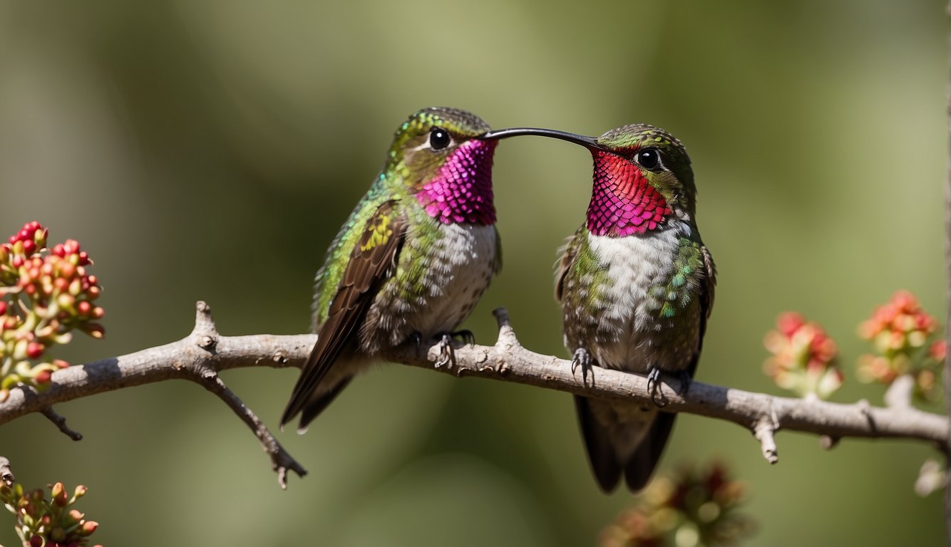 The Anna's Hummingbird perched on a branch, its iridescent feathers shifting from green to red in the sunlight