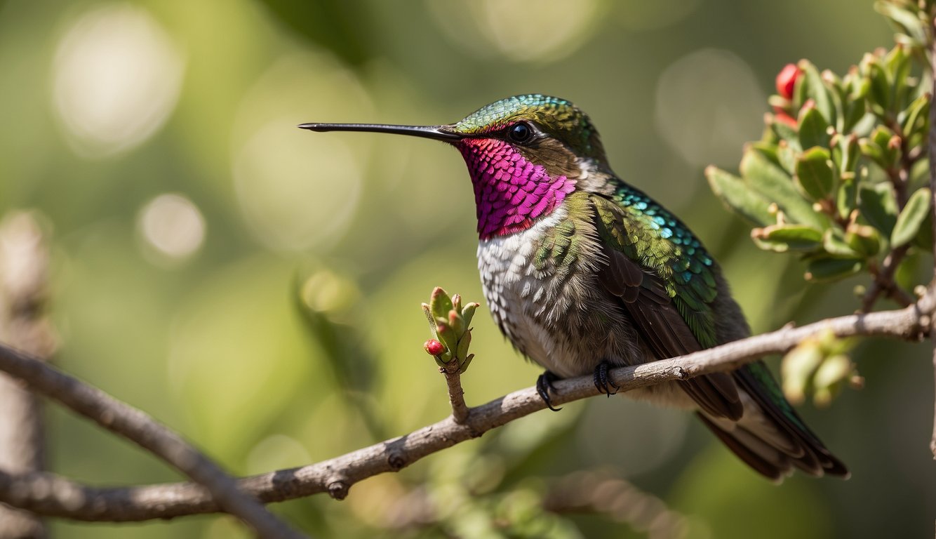 An Anna's Hummingbird perched on a branch, its iridescent feathers shifting from green to red in the sunlight