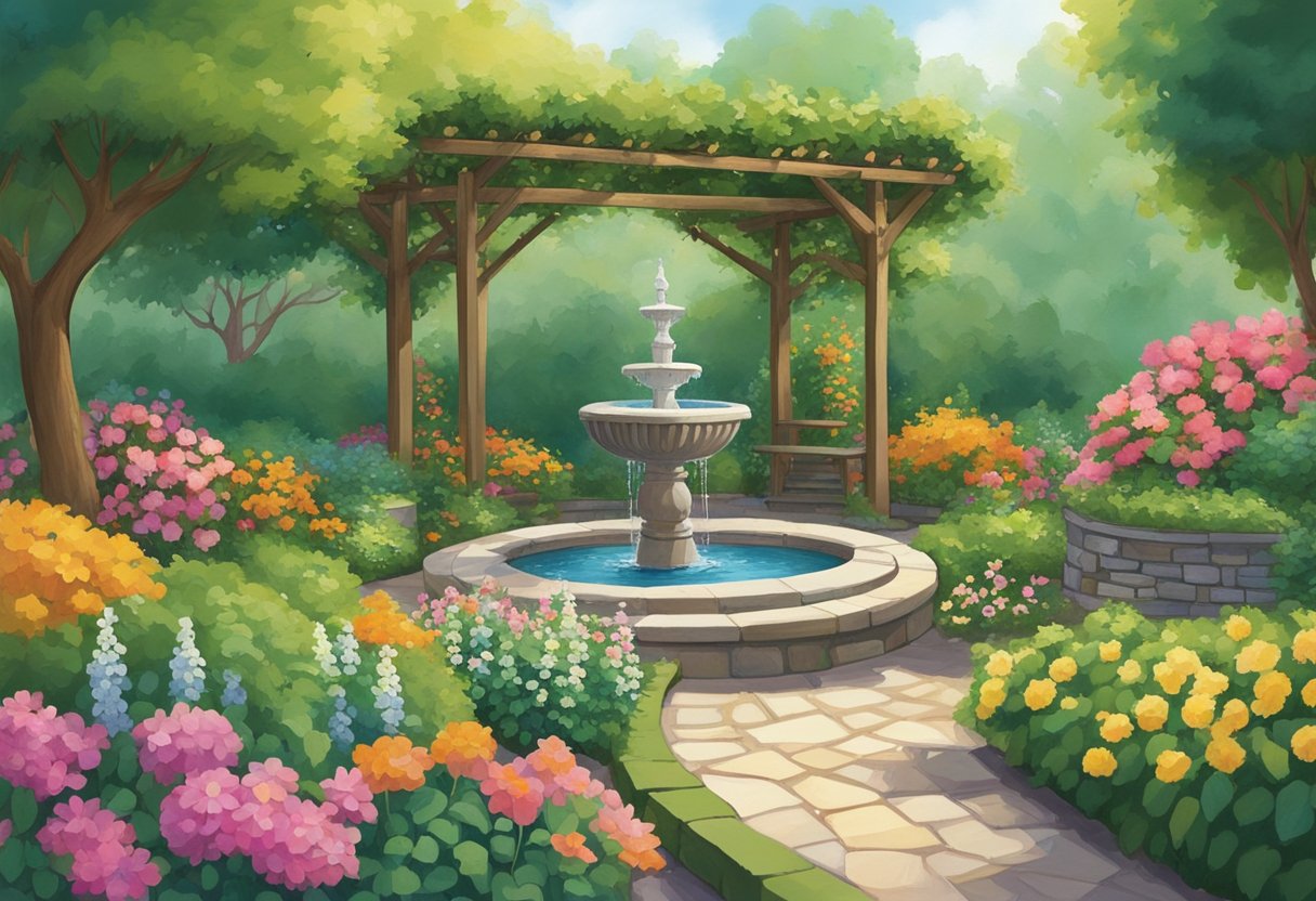 A lush, green garden with a variety of flowers, shrubs, and trees. A winding stone path leads to a central fountain surrounded by colorful blooms. A wooden pergola covered in climbing vines provides a peaceful seating area