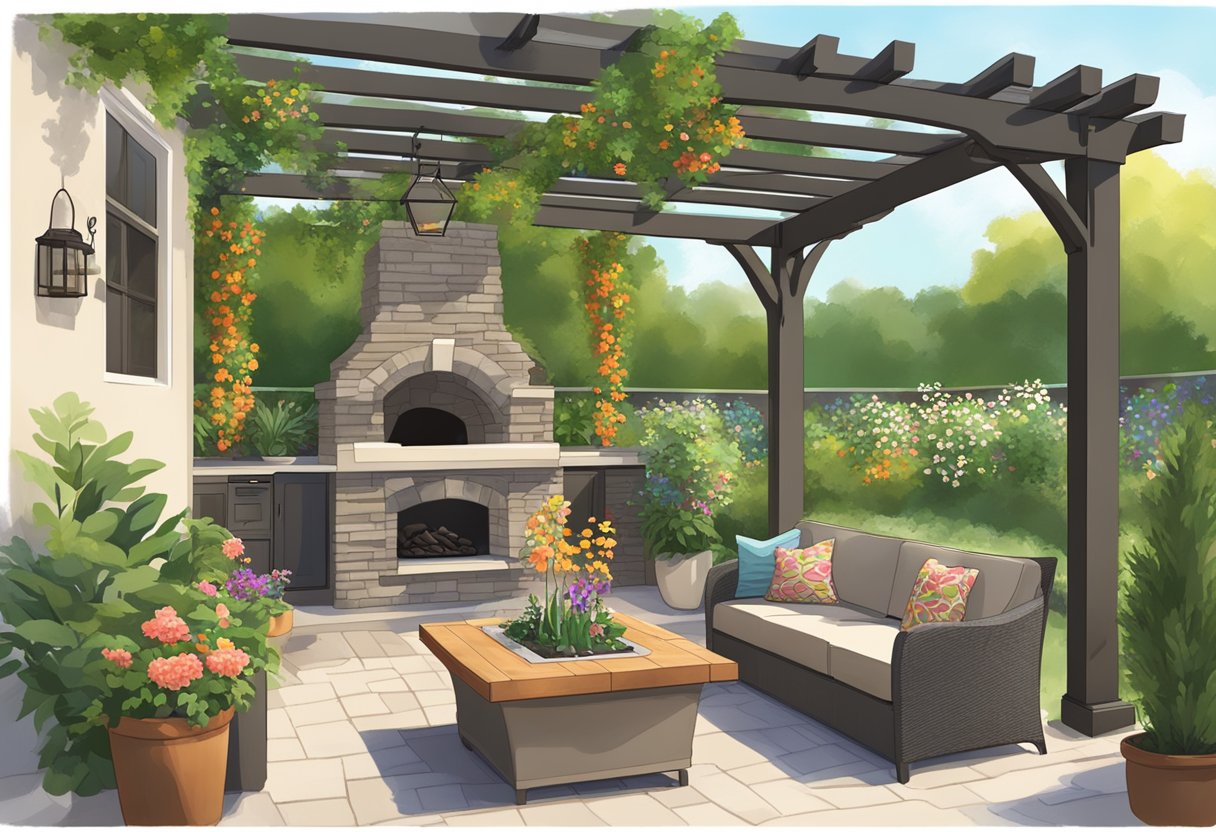 A cozy outdoor living space with a pergola, comfortable seating, and a fire pit surrounded by lush greenery and colorful flowers