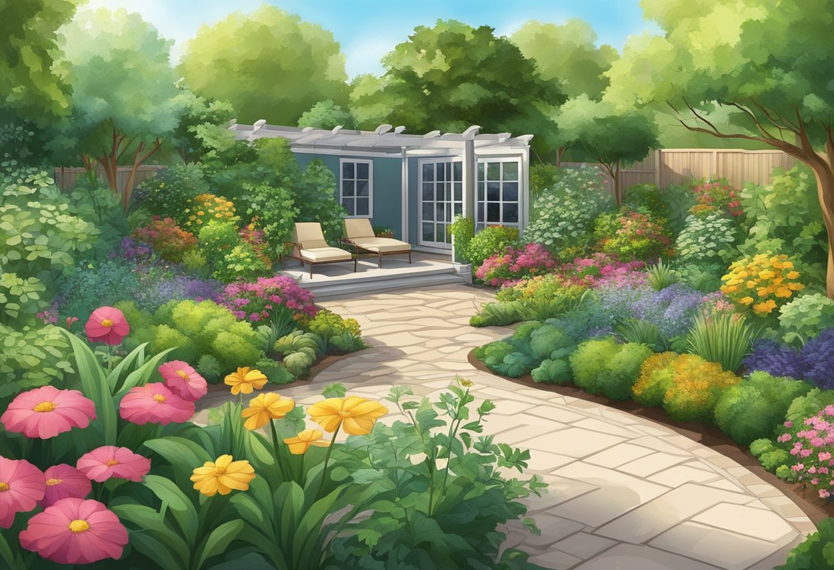A lush backyard garden with a variety of plants, flowers, and trees arranged in a visually appealing and functional design