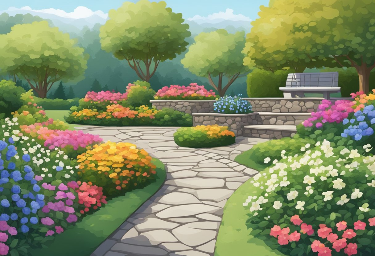 A serene back garden with colorful flowers, neatly trimmed hedges, and a winding stone path leading to a cozy seating area
