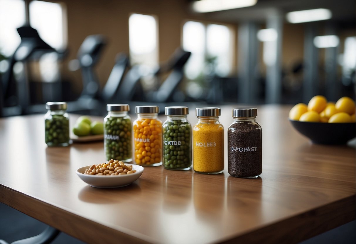 A vibrant gym setting with exercise equipment, healthy food options, and weight loss injection vials displayed on a table