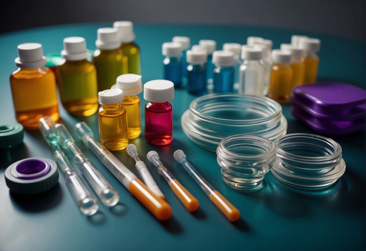 A table with vials, syringes, and weight loss injection materials arranged neatly for use in a clinical setting