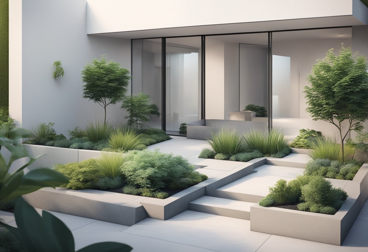 A sleek, minimalist garden with geometric planters and clean lines. A mix of greenery and concrete create a contemporary, serene outdoor space