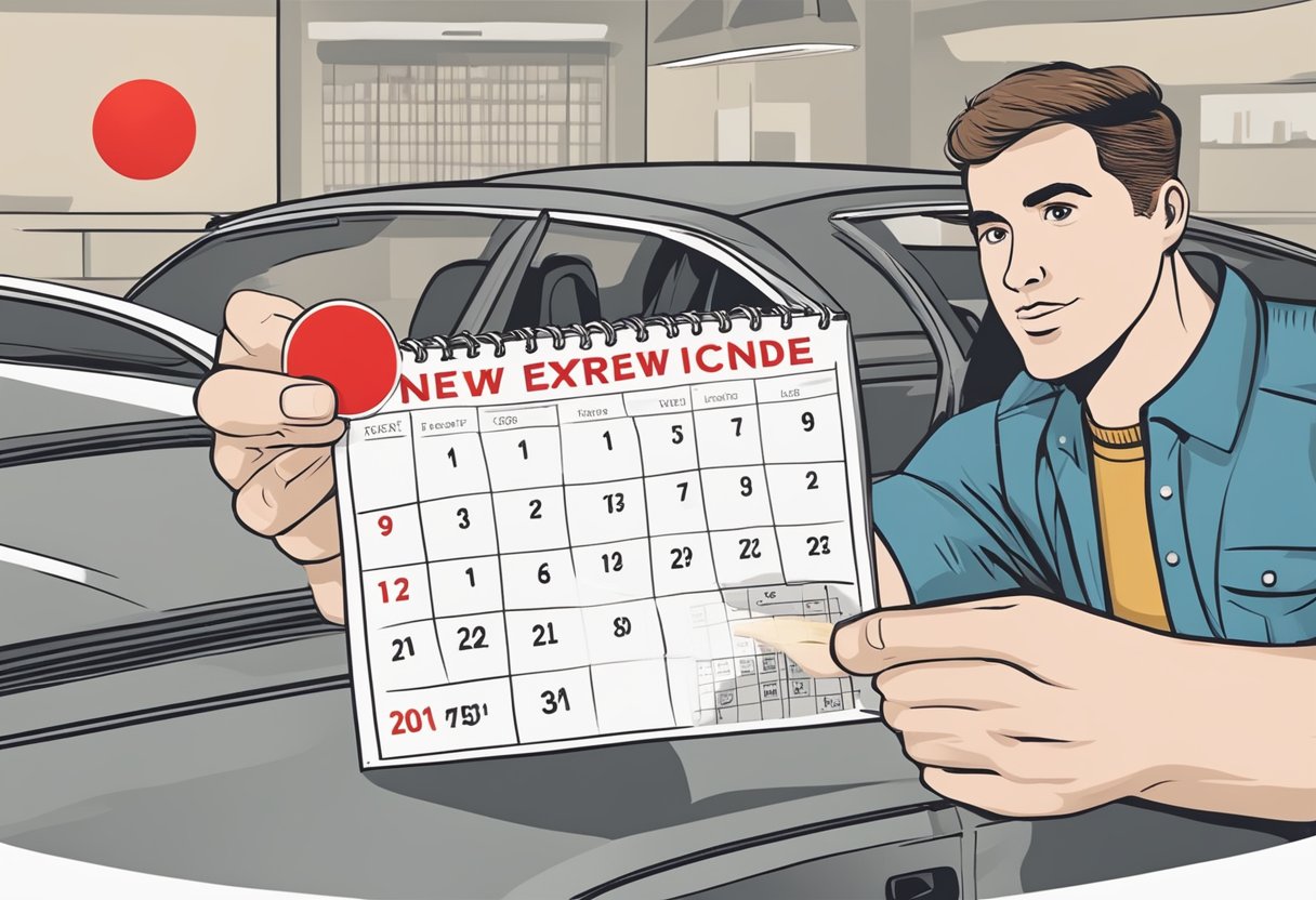 A driver holding an expired license points to a calendar with a red circle around the expiration date, while a new license sits nearby