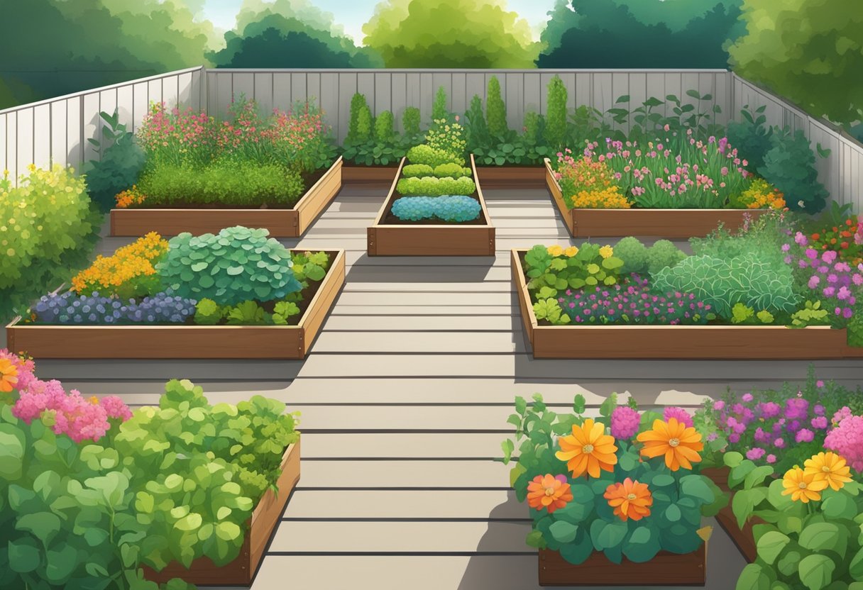 A spacious backyard with neatly arranged raised garden beds, trellises, and pathways. A mix of colorful flowers, herbs, and vegetables create a harmonious and modern garden space